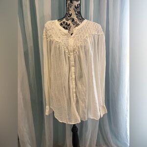 Free People Ivory Boho Textured Blouse Top – No Size Tag (Fits Like XL)